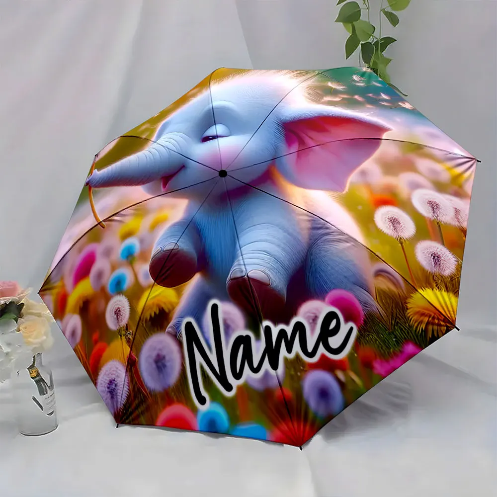 Custom Name  Adorable Elephant Print Umbrella in a Colorful Field Print 8 Iron Ribs Folding Umbrella Auto-Open Fashion Sunshade