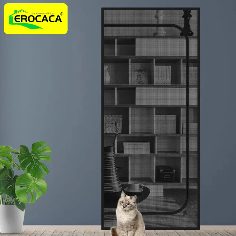 

EROCACA Black Reinforced Cat Screen Door Heavy Duty Proof Screen Door with Bilateral Zipper Prevent Pets Running Out from Home