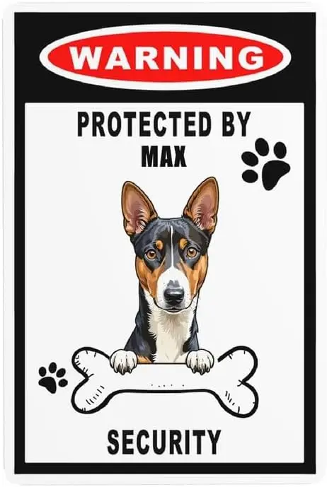 AVISO PROTECTO DE SEGURIDAD Basenji Letrero tricolor para perro, letrero personalizado con nombre de perro, letrero para decoración del hogar, 8.0 x 12.0 in