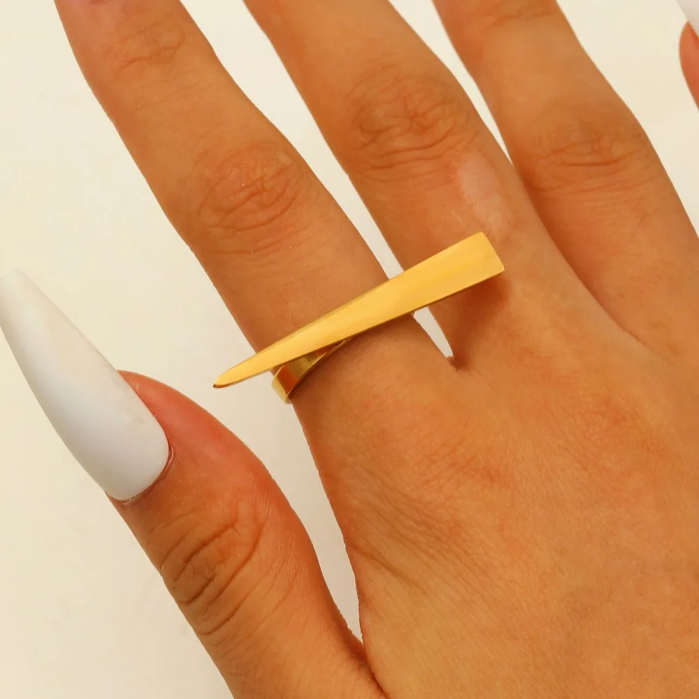 Personality Minimalist Gold Color Stainless Steel Geometric Triangular Line Opening Rings for Women Temperament Finger Jewelry