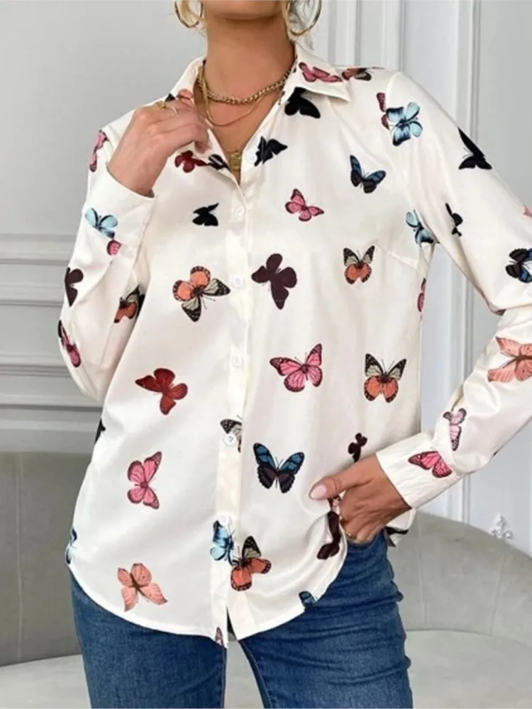 여성을위한 여름 여성의 유행 인쇄 긴 소매 셔츠 나비 인쇄 옷깃 셔츠