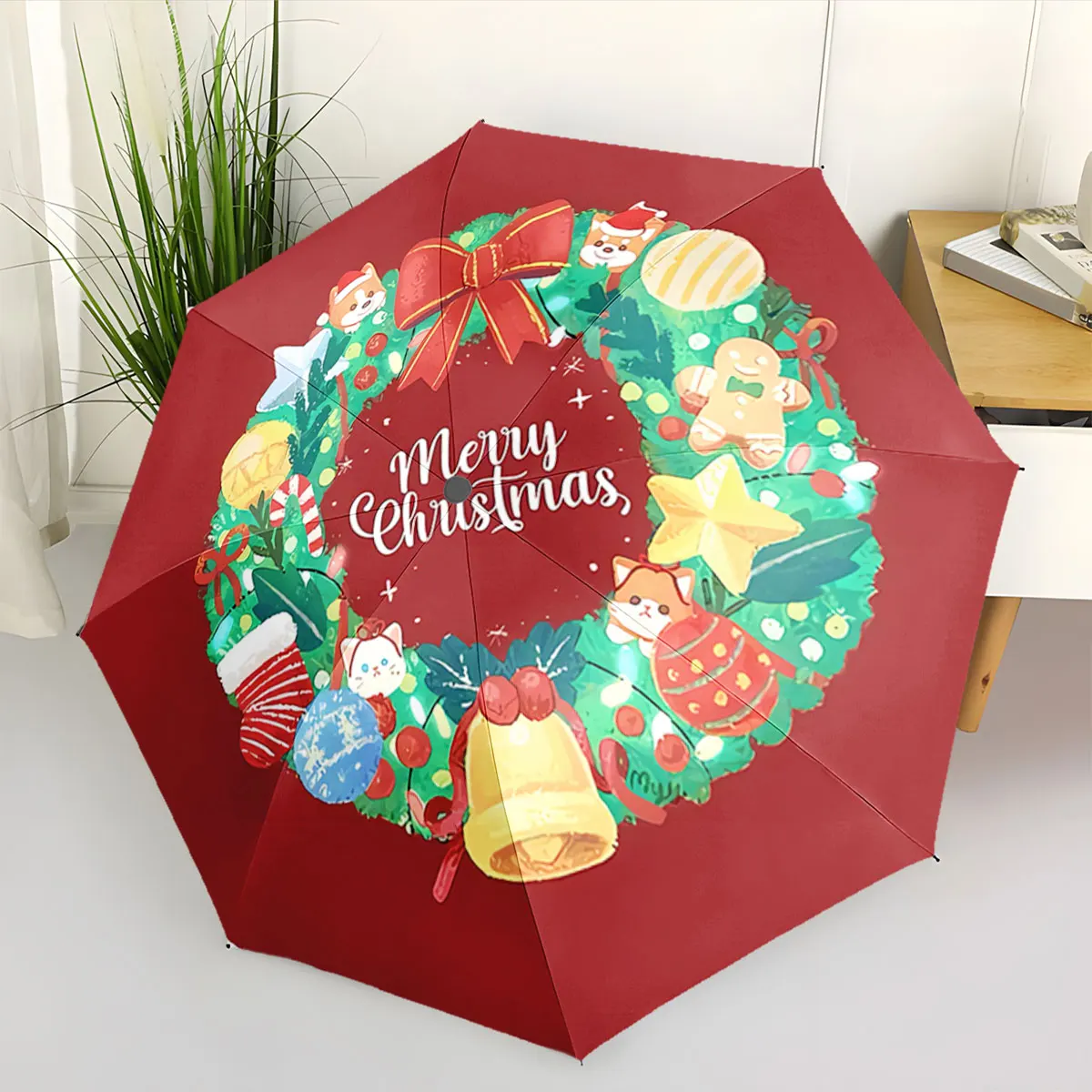 Christmas Wreath Design with Cats Gingerbread Bell Bow portable waterproof sun rain umbrella for outdoor travel beach