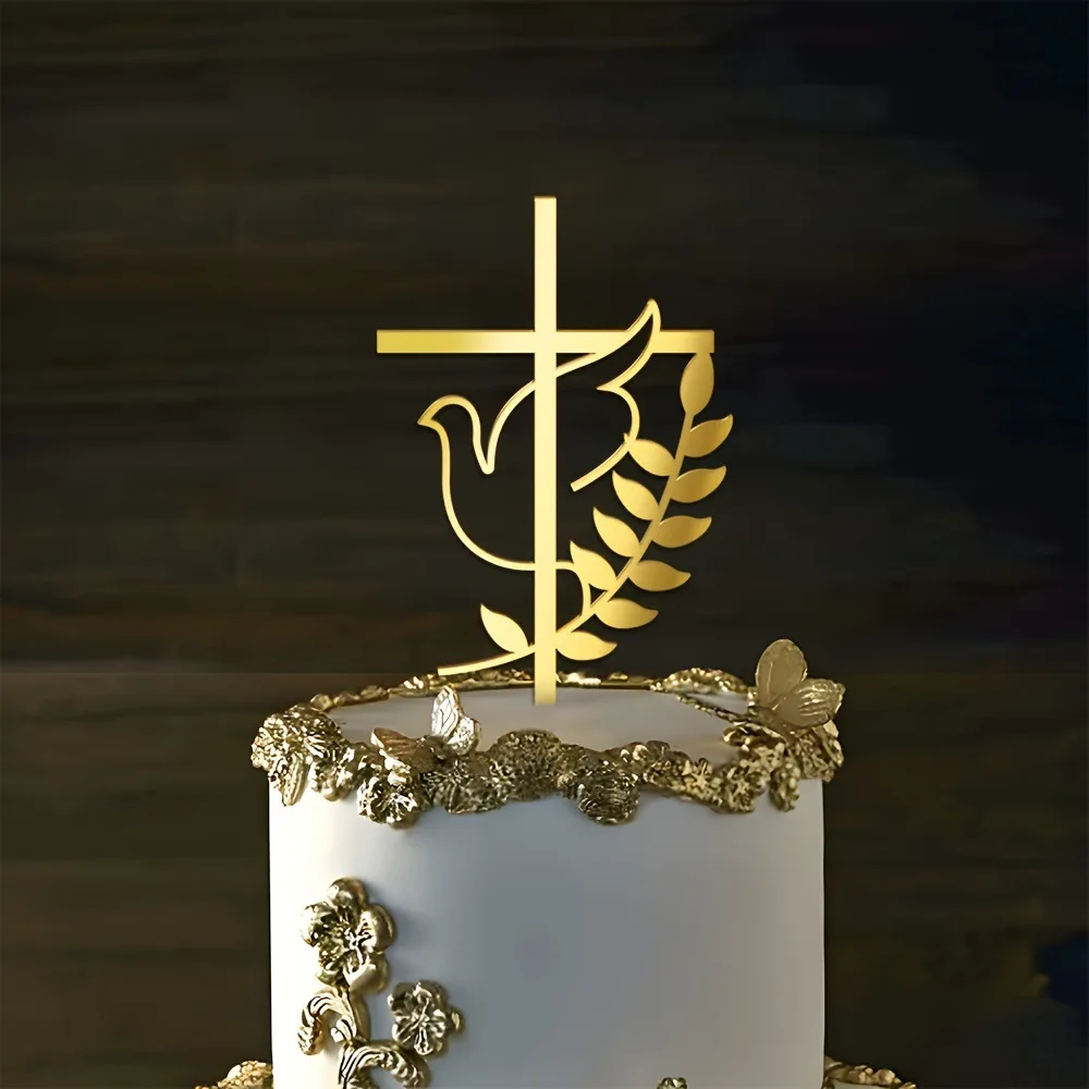 1/5 Stück Goldenes Kreuz & Taube Kuchendeckel Heilige Kommunion Dekor, Taufe Partyzubehör, Erstkommunion Kucheneinsatz Babyparty – Detail 3