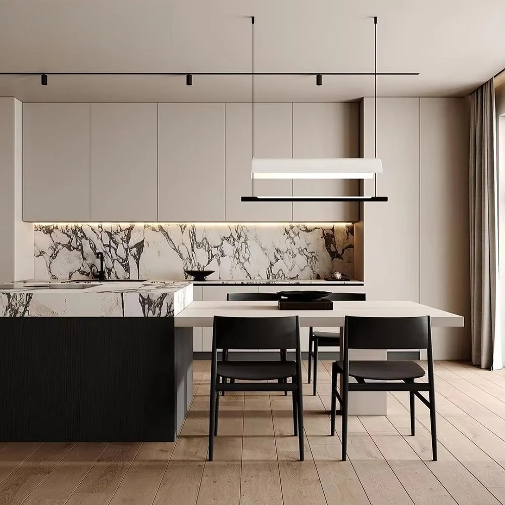 Modular Minimalistic Style Readymade Integrated Designs Smart Marble Countertop Kitchen Cabinets with Storage Island Table