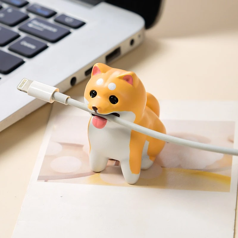 Cute Dog Resin Figurine & Cable Organizer - Creative Charger Cord Holder for Desk/Bedside Phone Charging Wire Management