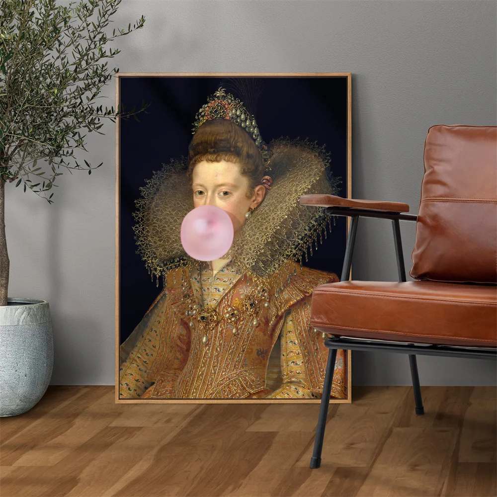 Baroque Art Poster Funny Pink Bubble Gum Print Alter Art Portrait of Louise Mayer Vintage Rococo Oil painting Gallery Wall Decor