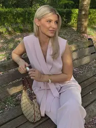 HH 2024 Women Lapel Sleeveless Vests Pocket Belt Slim Casual Coat+Vintage Drawstring Folds Slim Long Pant 2 Piece Set