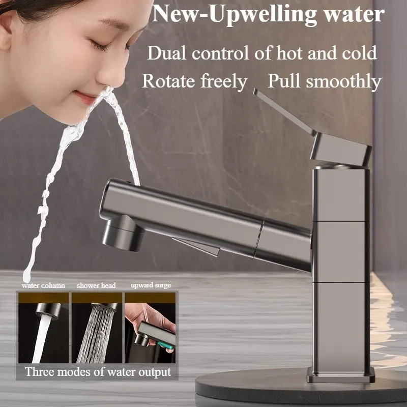 Pull Out Bathroom Faucet Hot and Cold Water Mixer Basin Sink Three Mode Water Outlet Faucet Washbasin Tap