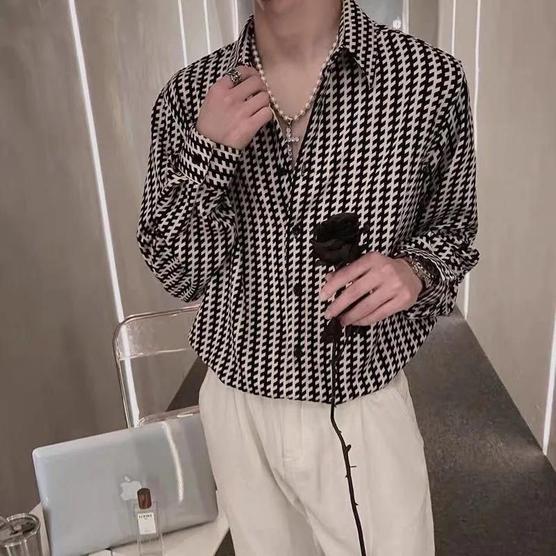 Male Houndstooth Smart Business Office Formal Shirt Top Men Sexy Handsome Elegant Gentlemen Plaid Senior Drape Streetwear Blouse