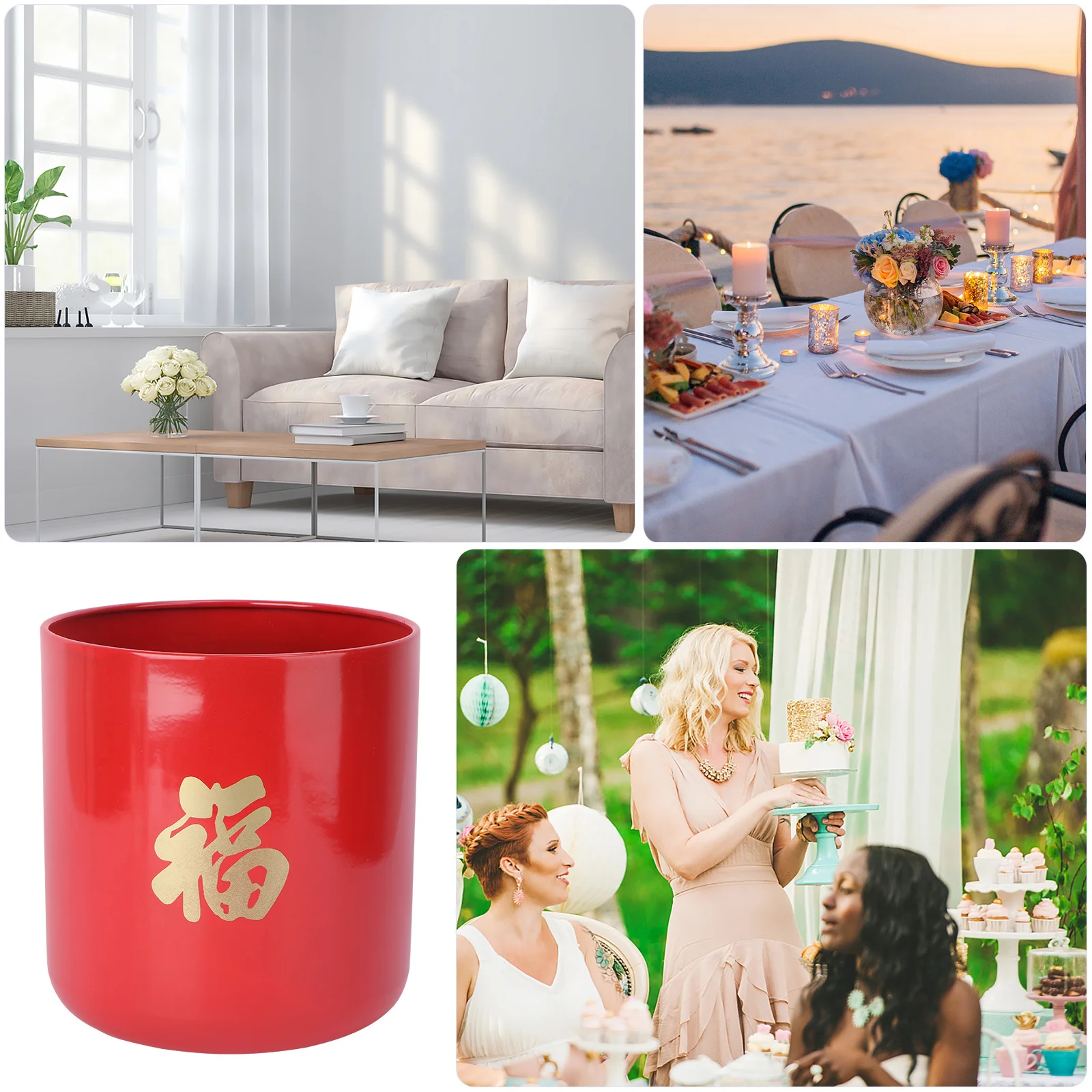 

1Pcs Red Fu Bucket Chinese New Year Flower Arrangement Container Iron Material Elegant Home Decor for Lucky Blessing