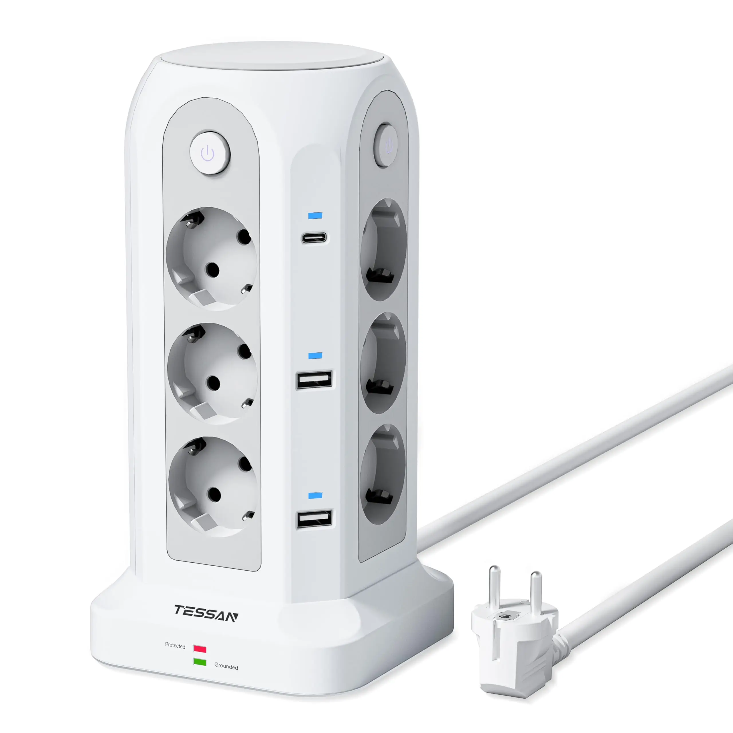 TESSAN multiprise prise ue prise Multiple avec 4 USB 2 Type C 4 interrupteurs 18 en 1 prise tour Protection contre les surtensions rallonge de 2M