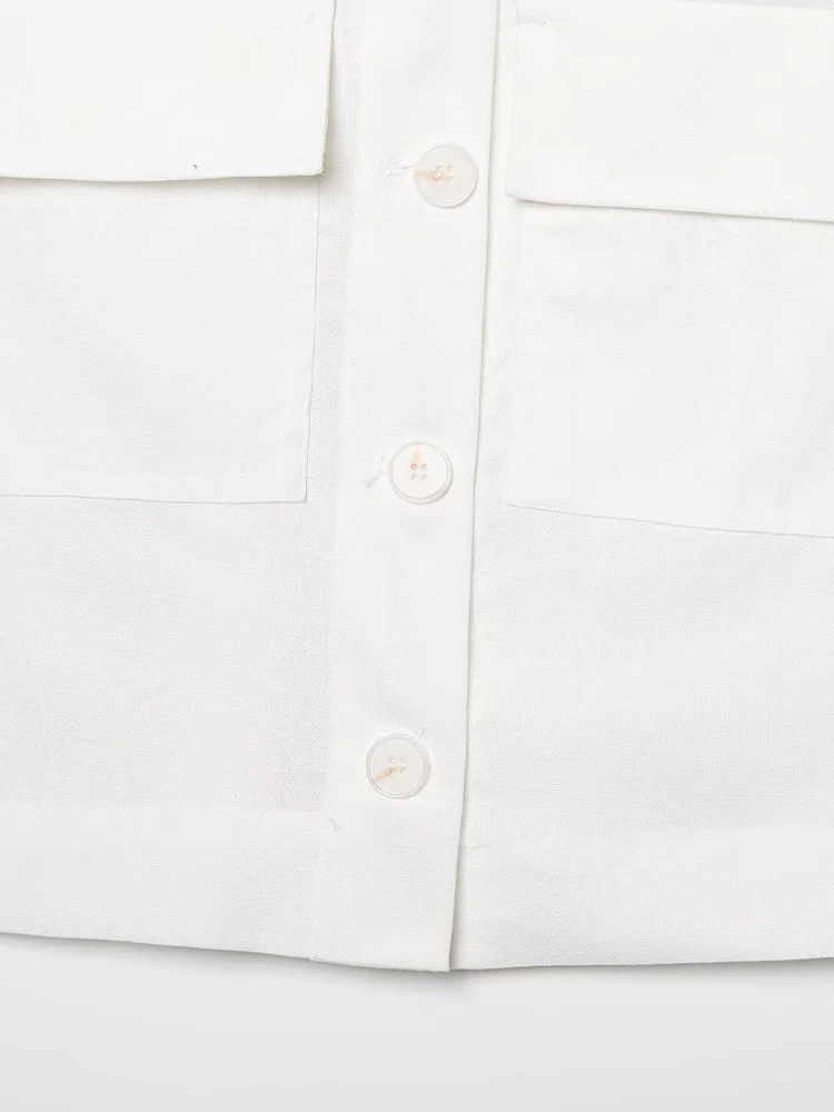 وصل حديثًا ملابس نسائية صيفية بجيوب رقعة بسيطة وطية صدر السترة بدون أكمام مع حزام شورت غير رسمي عالي الخصر #6