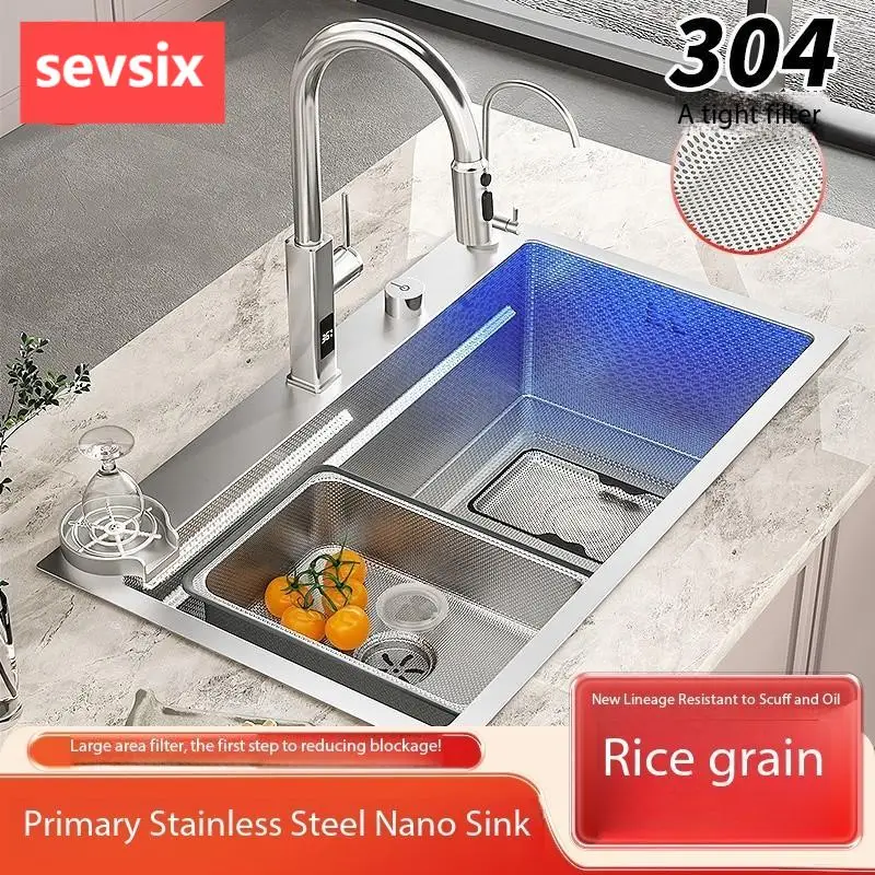 

Heavy-Duty Single Bowl Kitchen Sink - Rice Grain Finish 304 Stainless Steel with Smart Drainage Control Soundproof Coating