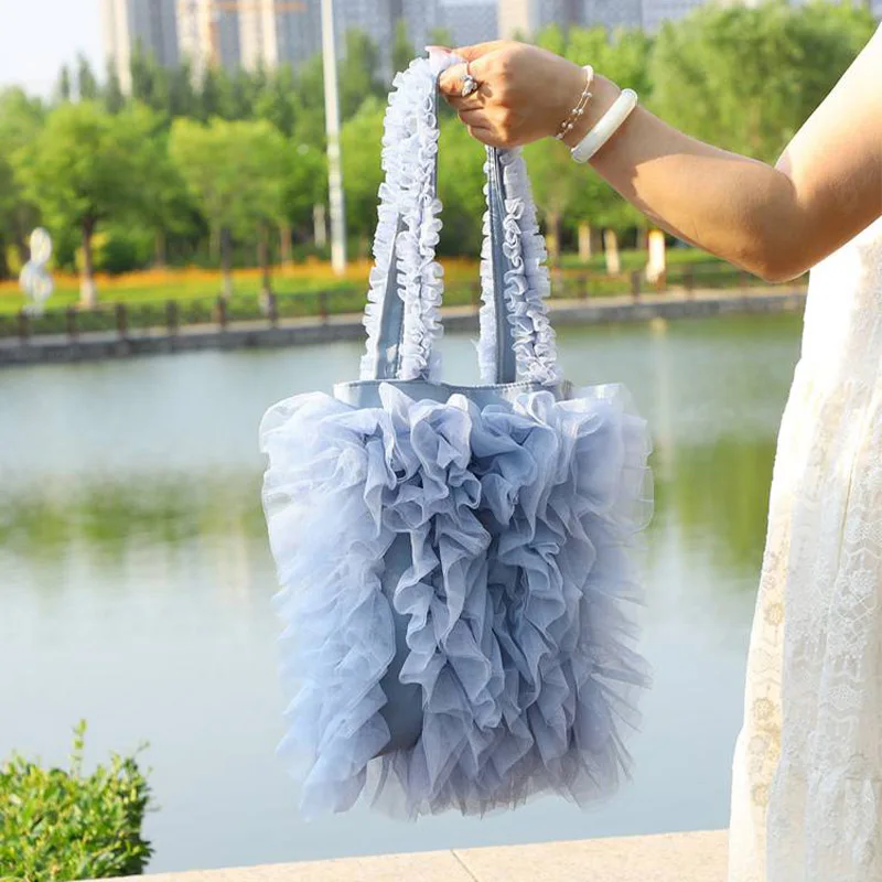 Women's Four Seasons Handbag Skirt Pleated Shoulder Bag Versatile Sweet Style Soft Gauze Splicing Tassel Underarm Women's Bag