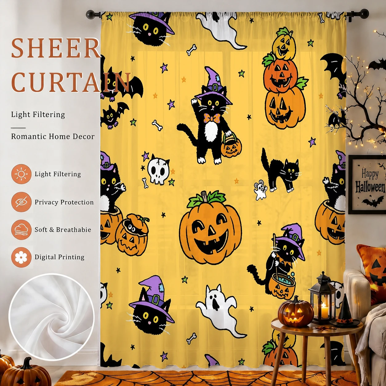 Digitally printed 2D flat print, semi-transparent voile fabric, rod pocket design, perfect Halloween window decor for home,party