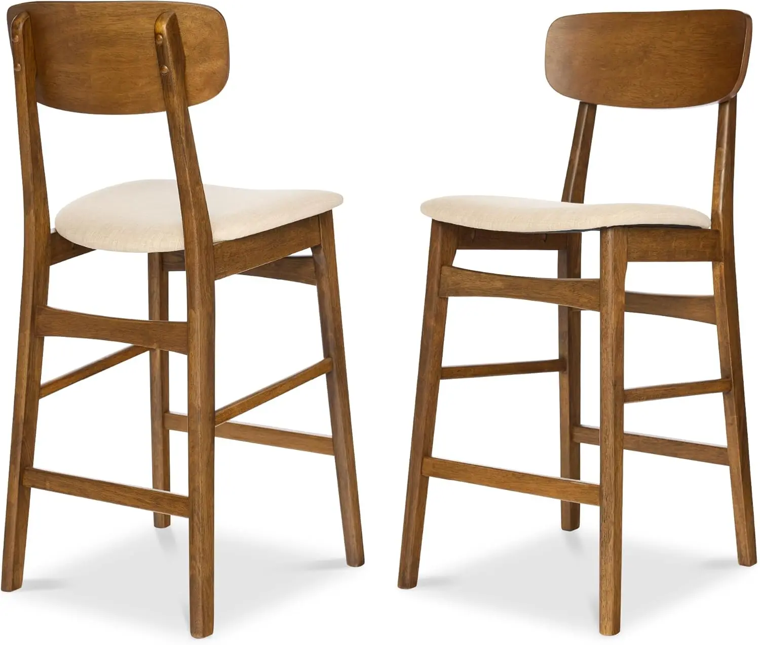 Bar Stool Set of 2, Farmhouse Counter Height w/Armless Upholstered Cushioned Seat, Wooden Curved Backrest - Walnut/Cream