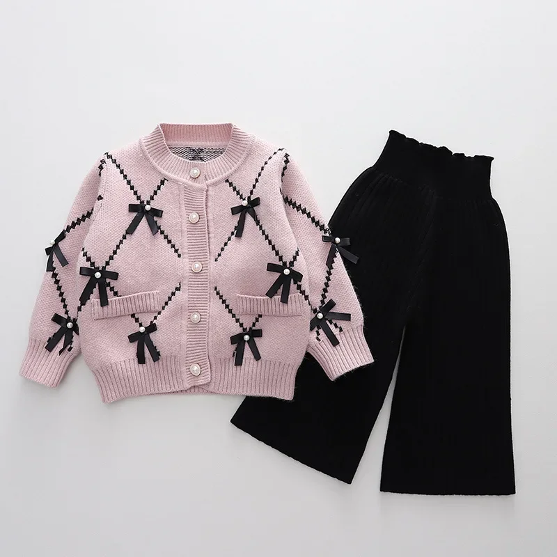 Girls Sweater Suit 2023 Autumn and Winter New Bow Cardigan Top Knitted Two-Piece Korean Style 3 Wide Leg Pants 2