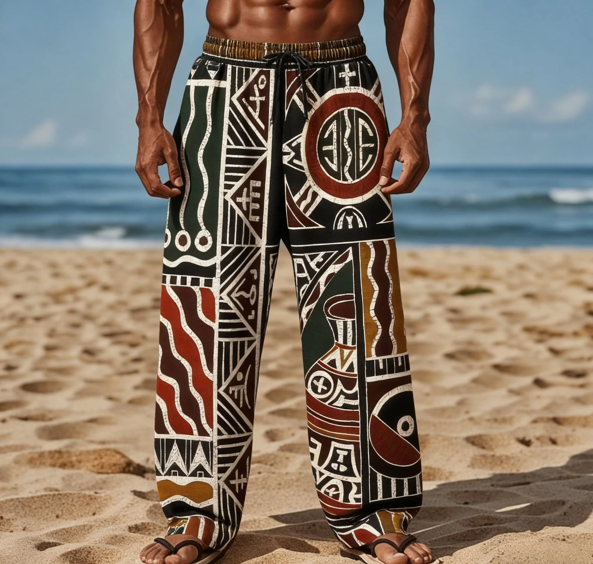 Men's Summer New Style Long Trousers, African Style Totem Print, Wide Leg Straight Leg, Loose Fit, Beach Vacation Style