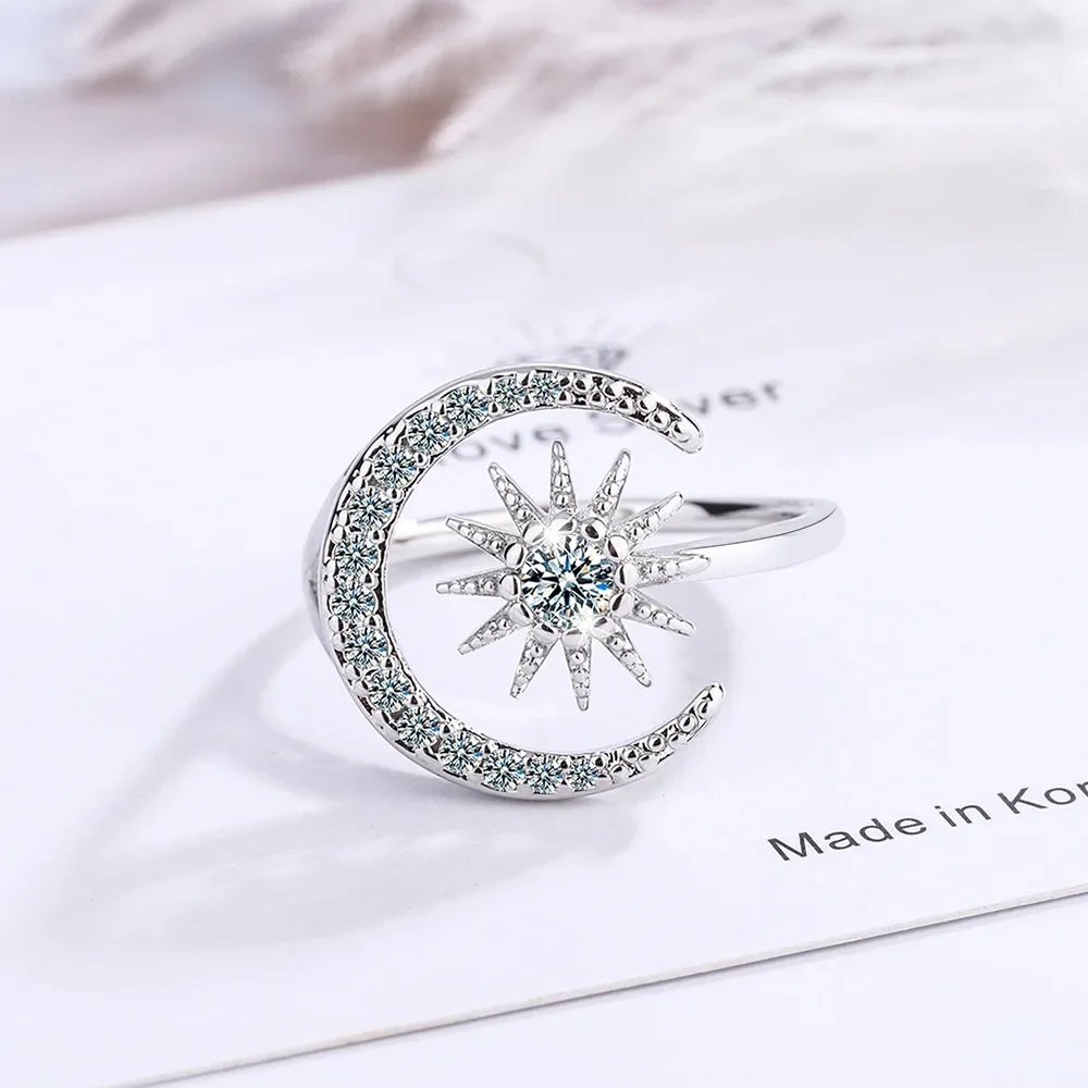 Real 925 Sterling Silver Zircon Star Moon Finger Rings For Women Girls Wedding Gift Party Jewelry Anillos Mujer