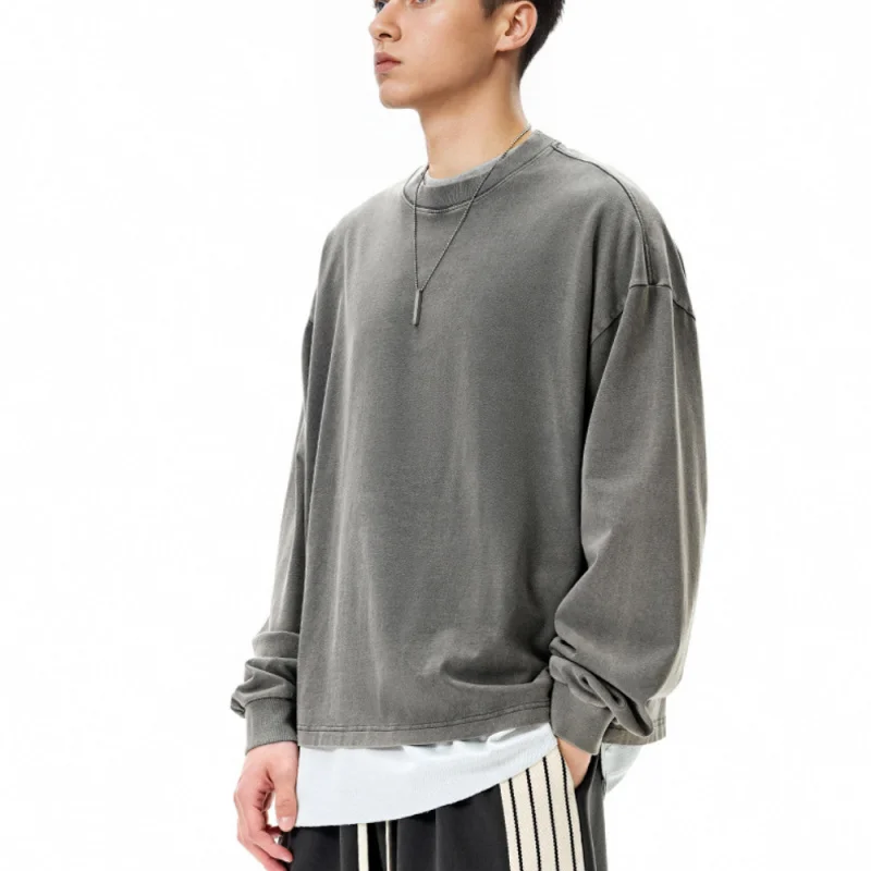 

Мужская футболка с длинным рукавом, осень 2025, Новое поступление, американский ретро, 100% хлопок, винтажный стираный серый цвет, однотонный топ