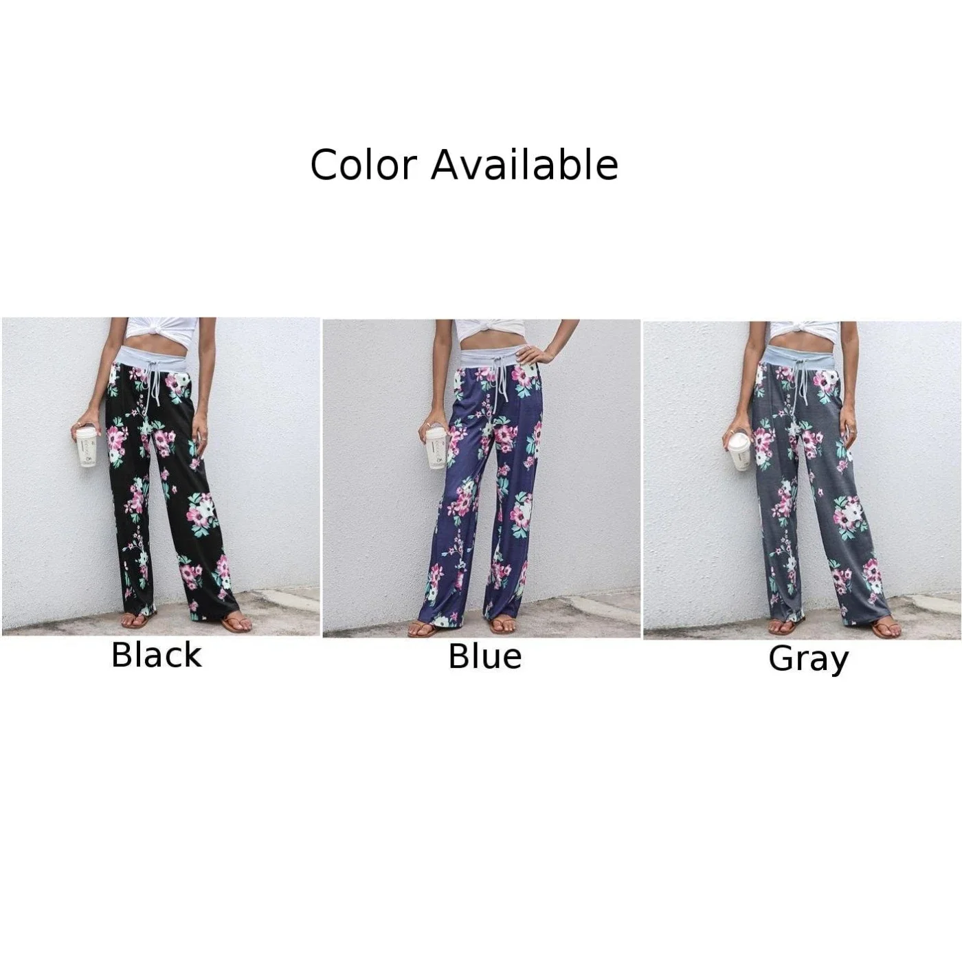 Pantalones Palazzo holgados e informales para mujer, pantalón de pierna ancha con estampado Floral, cintura con cordón, color negro, gris y azul, Verano