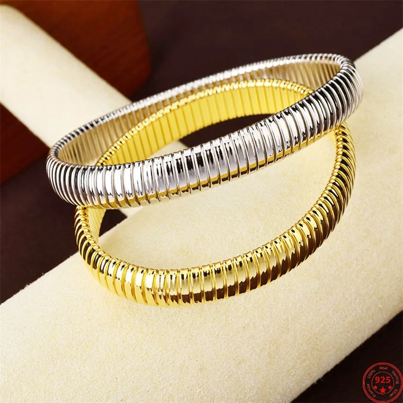 

S925 Sterling Silver Bracelets for Women Gold Platinum Plated Bamboo-circle Elasticity Bangle Fashion Punk Jewelry Wholesale