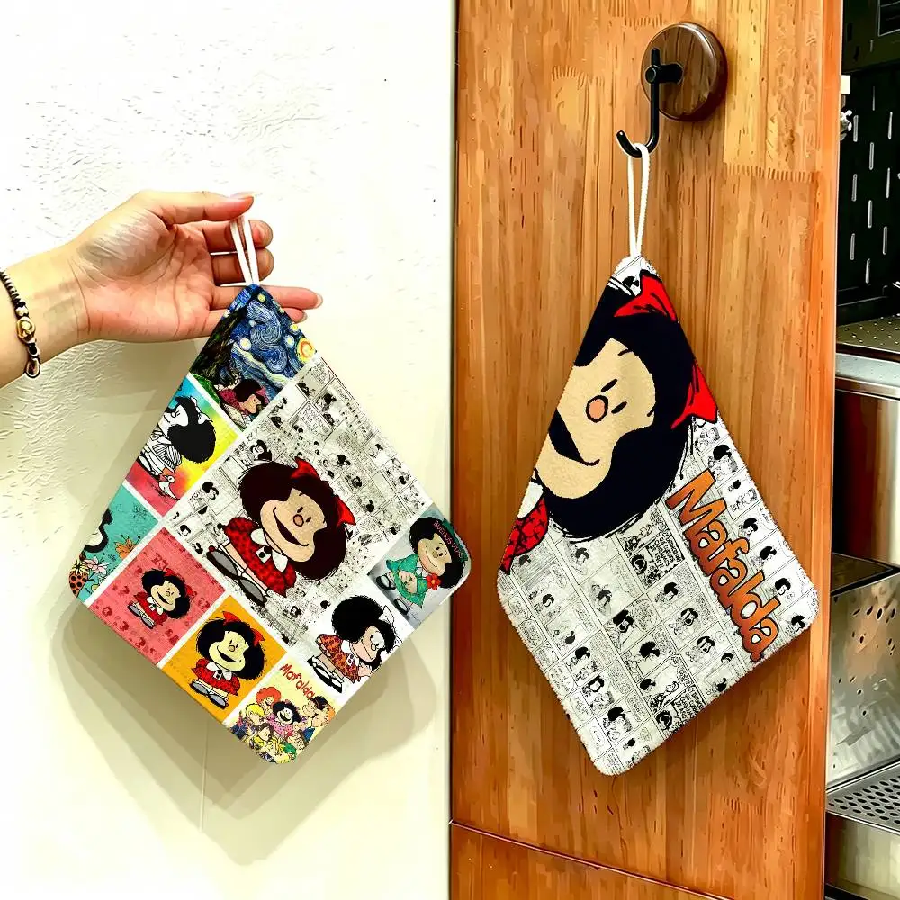 M-mafalda Cartoon Polyester Cotton Hand Wiping Towel, Hanging Towel, Quick Dry for Kitchen Bathroom Daily Supplies