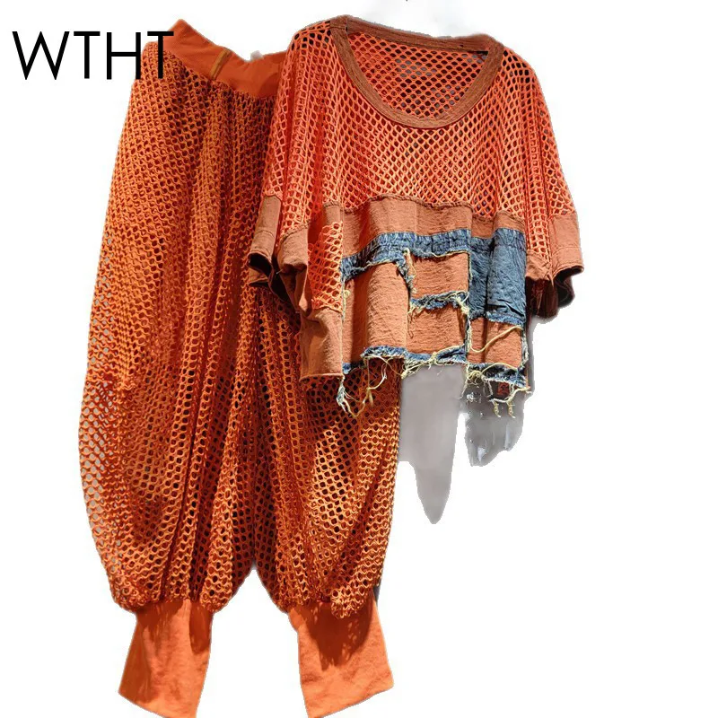 

WTHT New Fashion Women's Spliced Denim Short Sleeves T-shirt Elastic High Waist Hollow Out Loose Pants Female 1LS1933