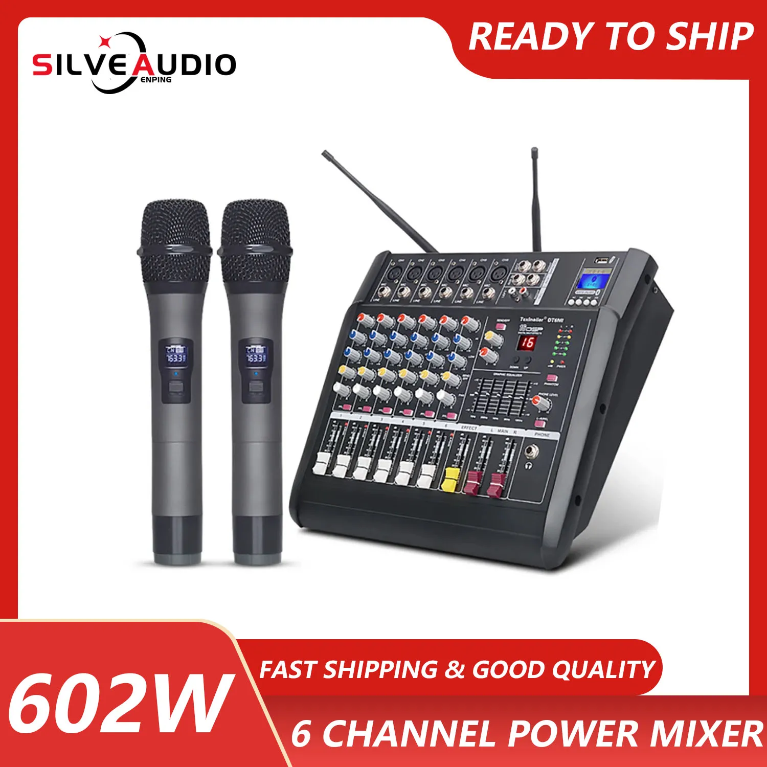 

GAX-602W Professional 6 Channel Dj Audio Mixer Amplifier Mixer With Wireless Microphone For Family Party Stage KTV