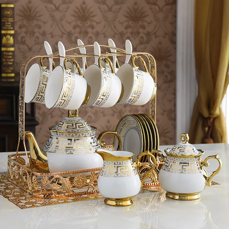 

Arabic golden ceramic tea set porcelain gold coffee cups teapot milk pot sugar jars with holder tea cup saucer set