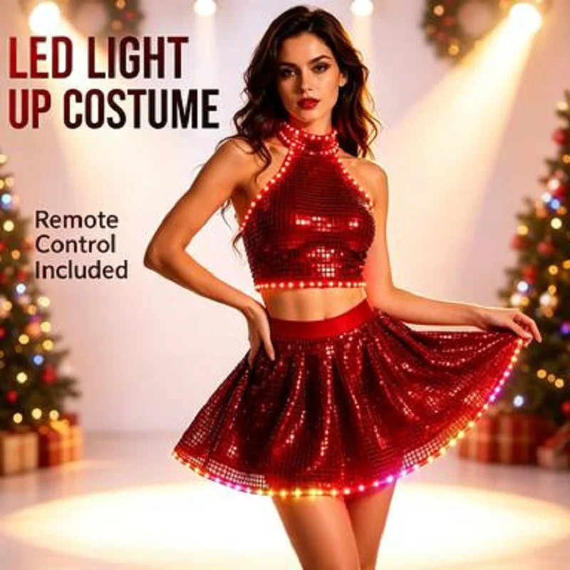 Women's Halter Neck Backless Short Dress LED Remote Control Color Changing Sequins Stage Dance Performance Rave Party Dress