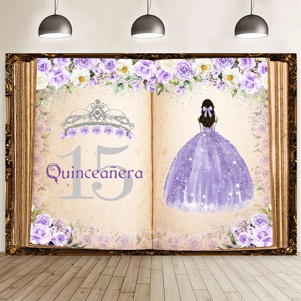 Quinceanera 15th Birthday Backdrop for Sweet Girl Party Decorations Fairy Tale Books Floral Crown Banner Photography Background