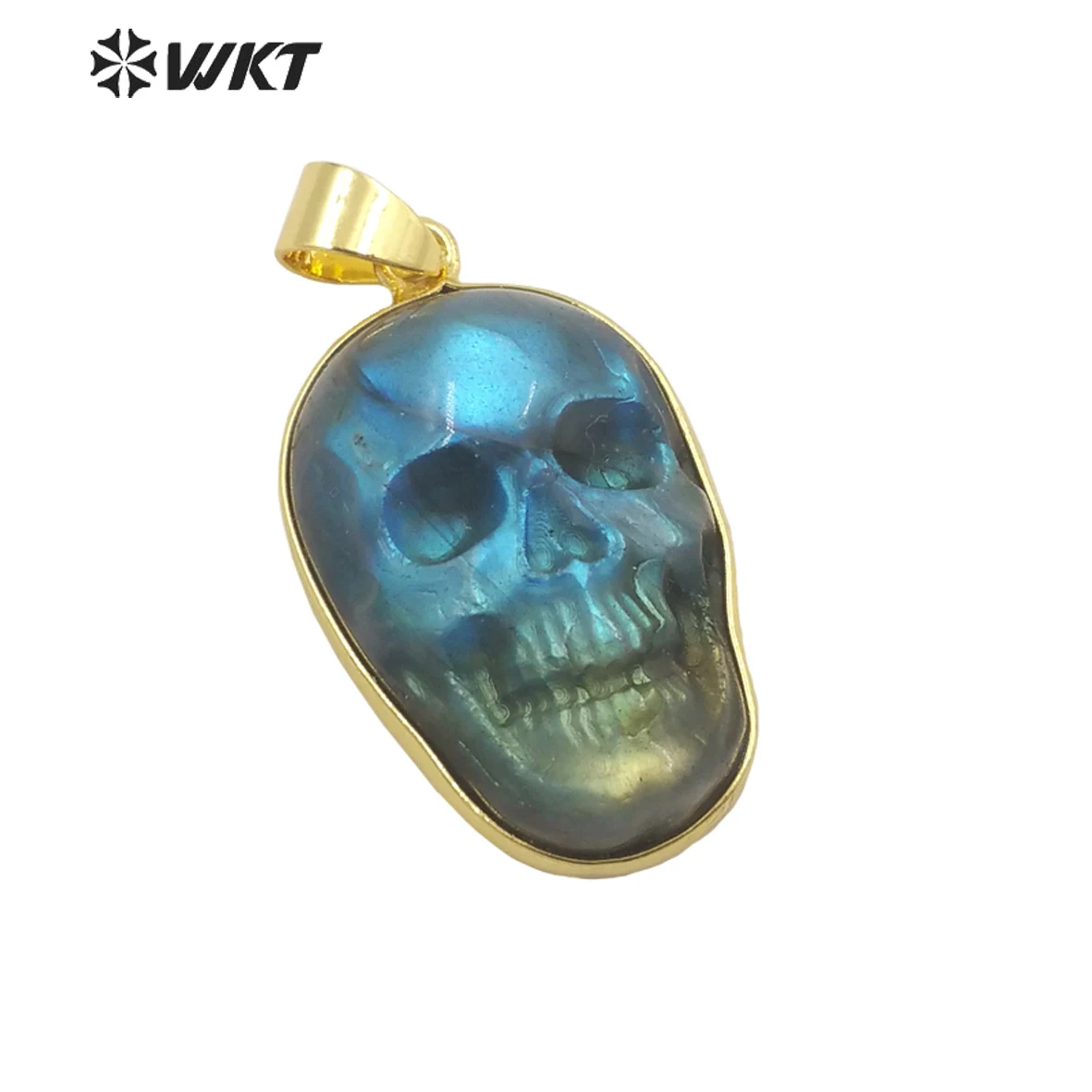 

WT-P1749 WKT Amazing Unique Skull Gemstone Carved Pendant Natural Labradorite White Turquoise Stone Halloween Necklace Decorated