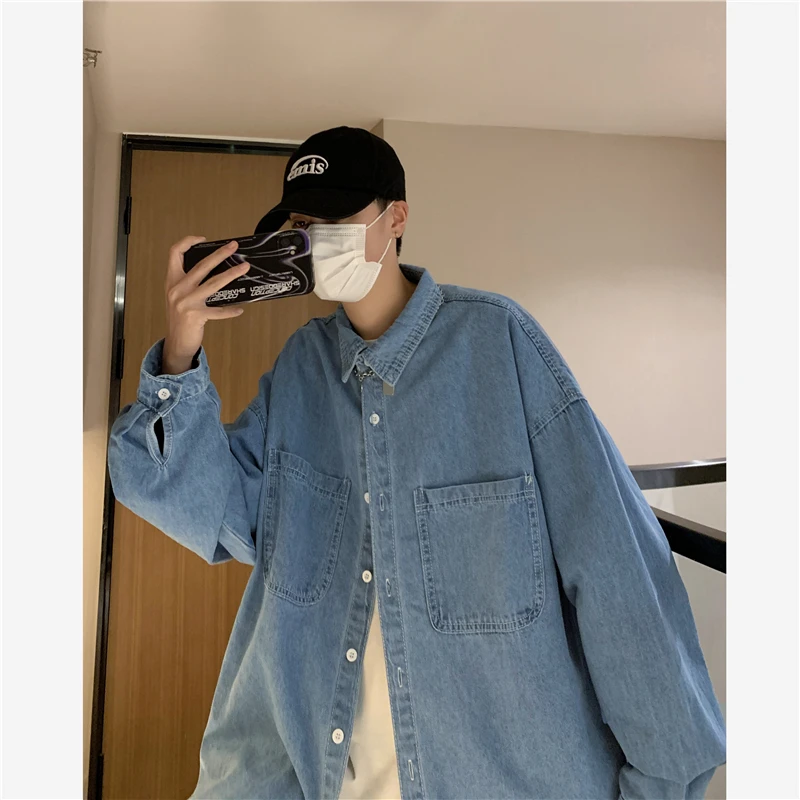 

Fall Fashion High Street Retro Men's Denim Shirt Long Sleeve Turn-down Collar Inner Wear Simple Design Casual Loose Fit Shirt