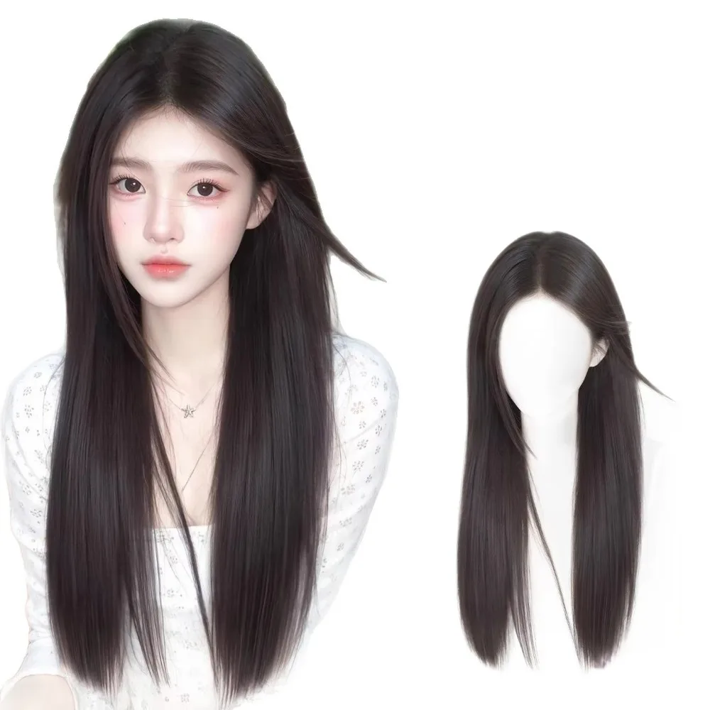 Synthetic Fiber Mid Split Long Straight Wig For Women Daily Cosplay Use Natural Layered Heat Resistant Wigs Natural Realistic