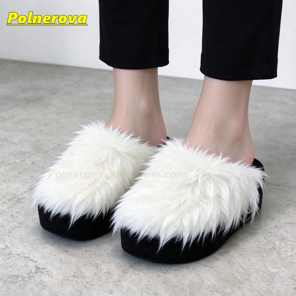 Women Fluffy Furry Platform Slide Slippers White Long Fur Open Back Mules Thick Sole Slip On Slides Y2K Fashion Shoes Outdoor