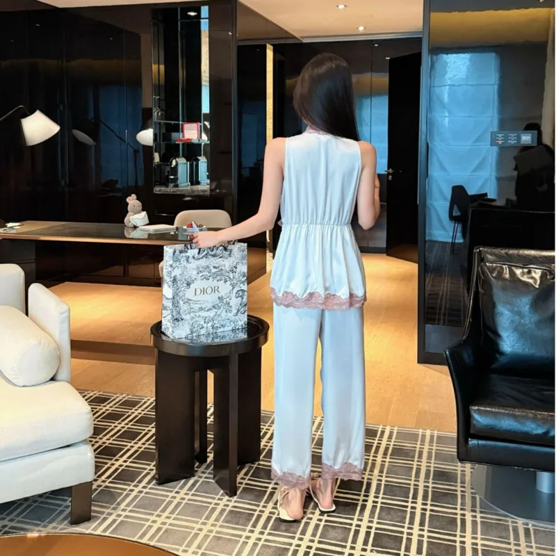 Sleeveless Ice Silk Sexy Pajamas Women 2piece Set 26 Summer Autumn Tank Top Long Pants High-end Homewear Sleepwear Nightgown