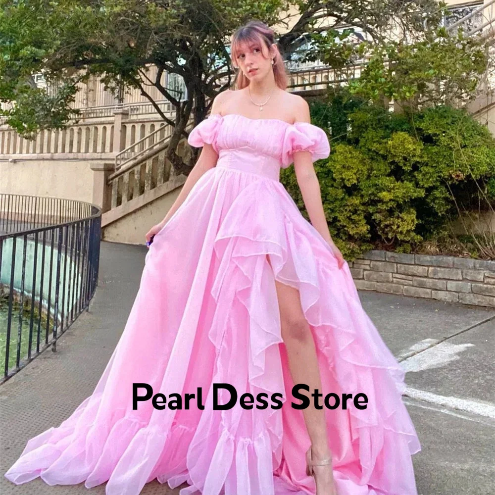 

Pink organza ball evening dress short sleeved ruffled tight fitting corset with back slit formal wedding party engagement dress