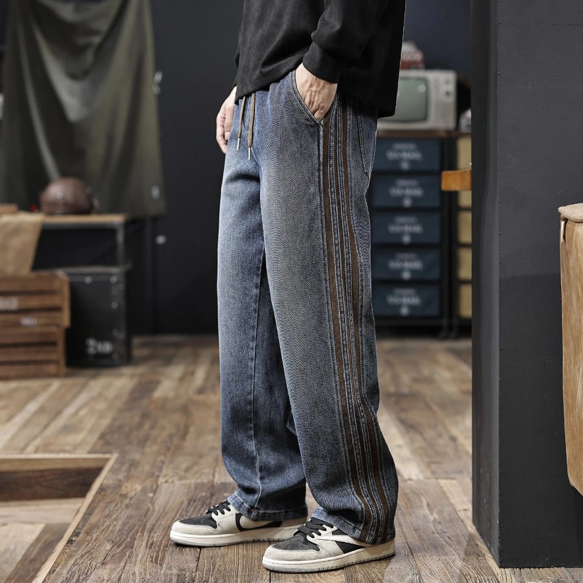 

High Waist Straight Leg Cotton Denim Jeans Men's Loose Fit Casual High Street American Sle Autumn New Side Stripe Jeans