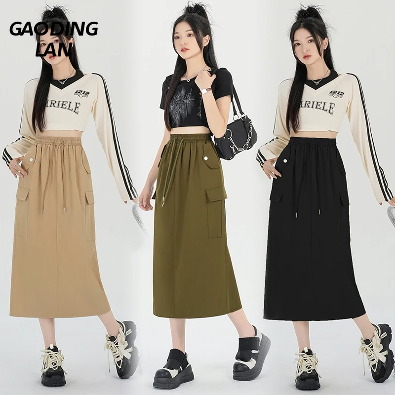 

GAODINGLAN Solid Maillard Women Long Skirts Slim Fit Safari Hip Wrap Skirt Lace-up High Waist Female Mid Calf Aline Skirt Korean