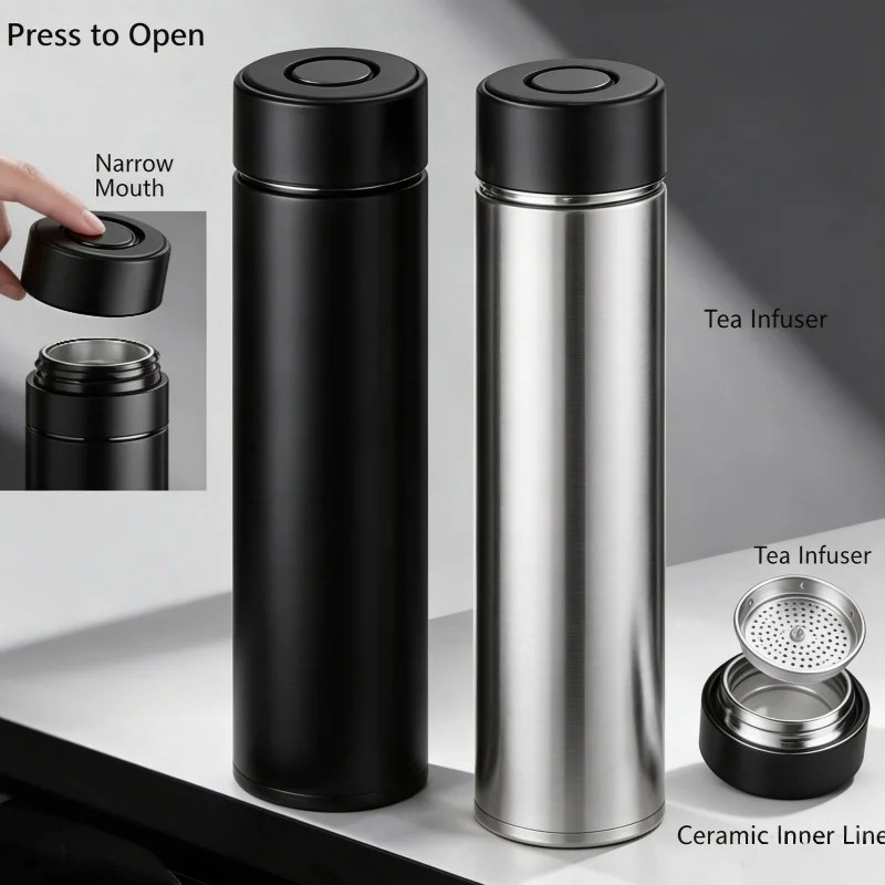 Thermos Cup Driving One Click Open Lid, Thermos Mug Men's Car Mounted Ceramic Liner Tea Separation Vacuum Flask Insulated Drink