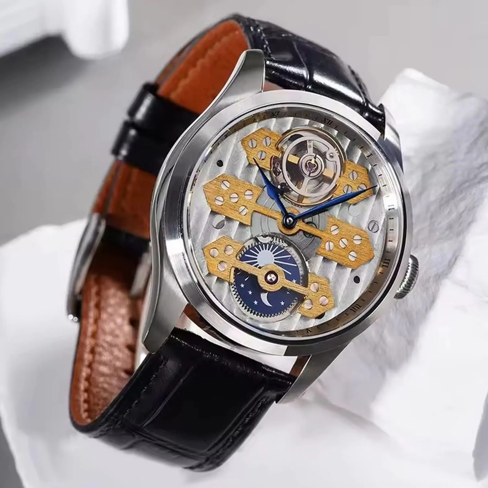 FARASUTE Men Mechanical Watch 39mm Manual Winding Wristwatch Luminous Sapphire Mirror Open Balance Dial Sun-Moon Indicator