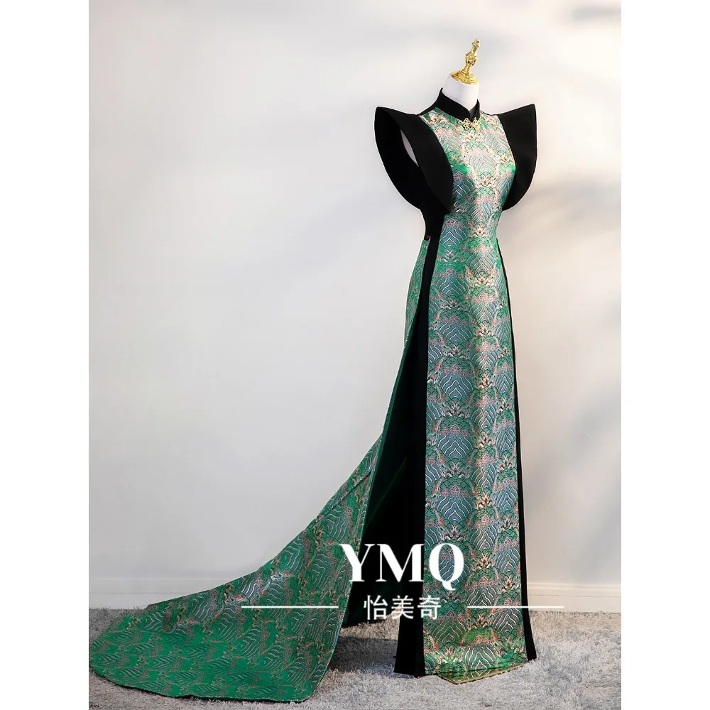 Nuevo Vestido Cheongsam Verde Chino 2025 Elegante para Pasarela con Cola para Equipo de Modelos