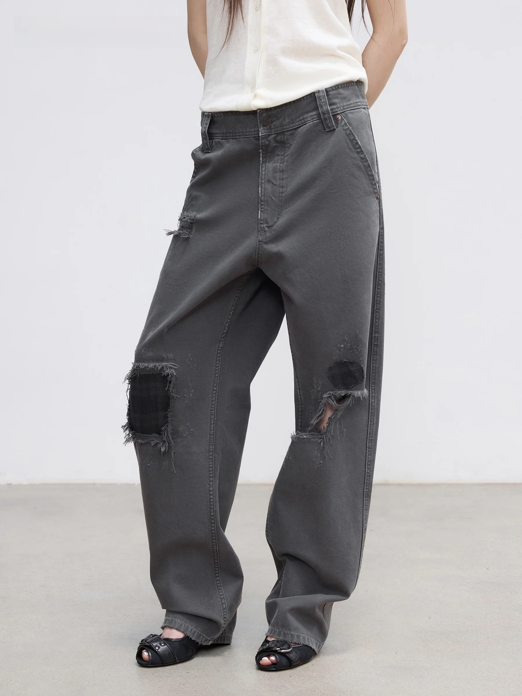 

VERMO Retro Washed Low Waist Straight Leg Jeans Denim Pants Tear Hole Detail Casual Summer Jeans Women's Fashion Cotton