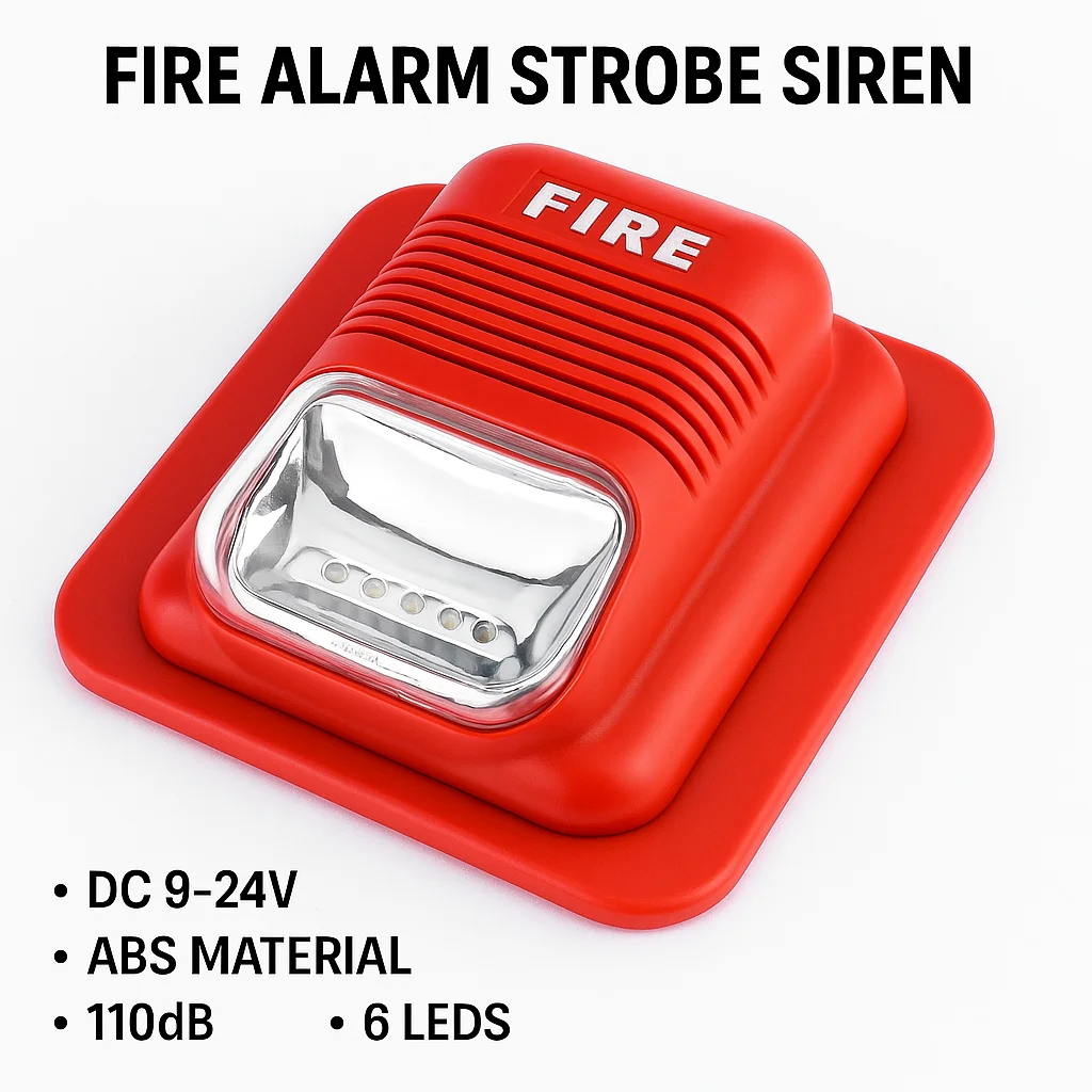 110dB Fire Alarm Siren with LED Strobe | 9–24V DC Non-Encoded Sound and Light Alarm | Wall Mount Fire Security Device