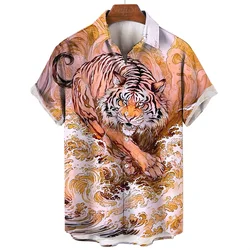 Animal 3d Tiger Print Hawaiian Shirt Men Fierce Beast Pattern Short Sleeved Casual Cool Oversized Shirts Street Tops Blouse