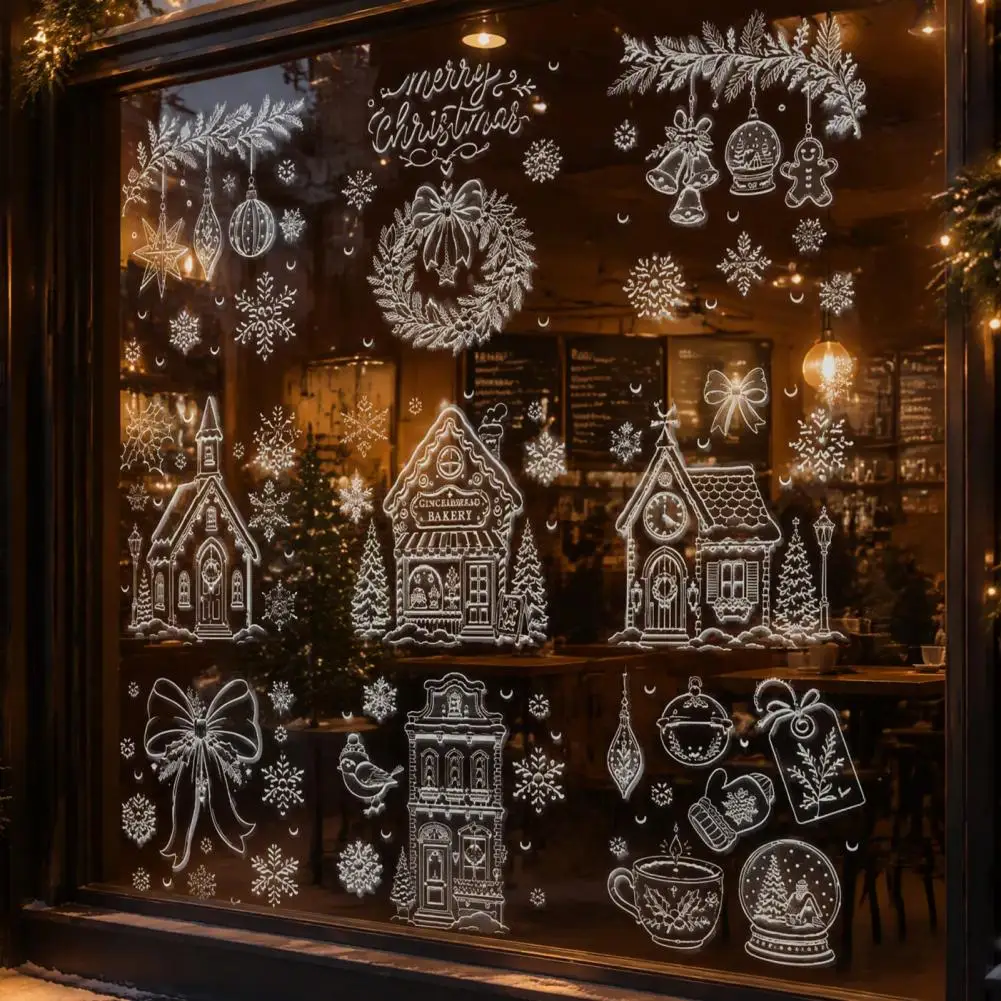White Line Christmas Decor Reusable Holiday Window Decals 9pcs Christmas Window Clings Set Reusable Static Glass for Holiday