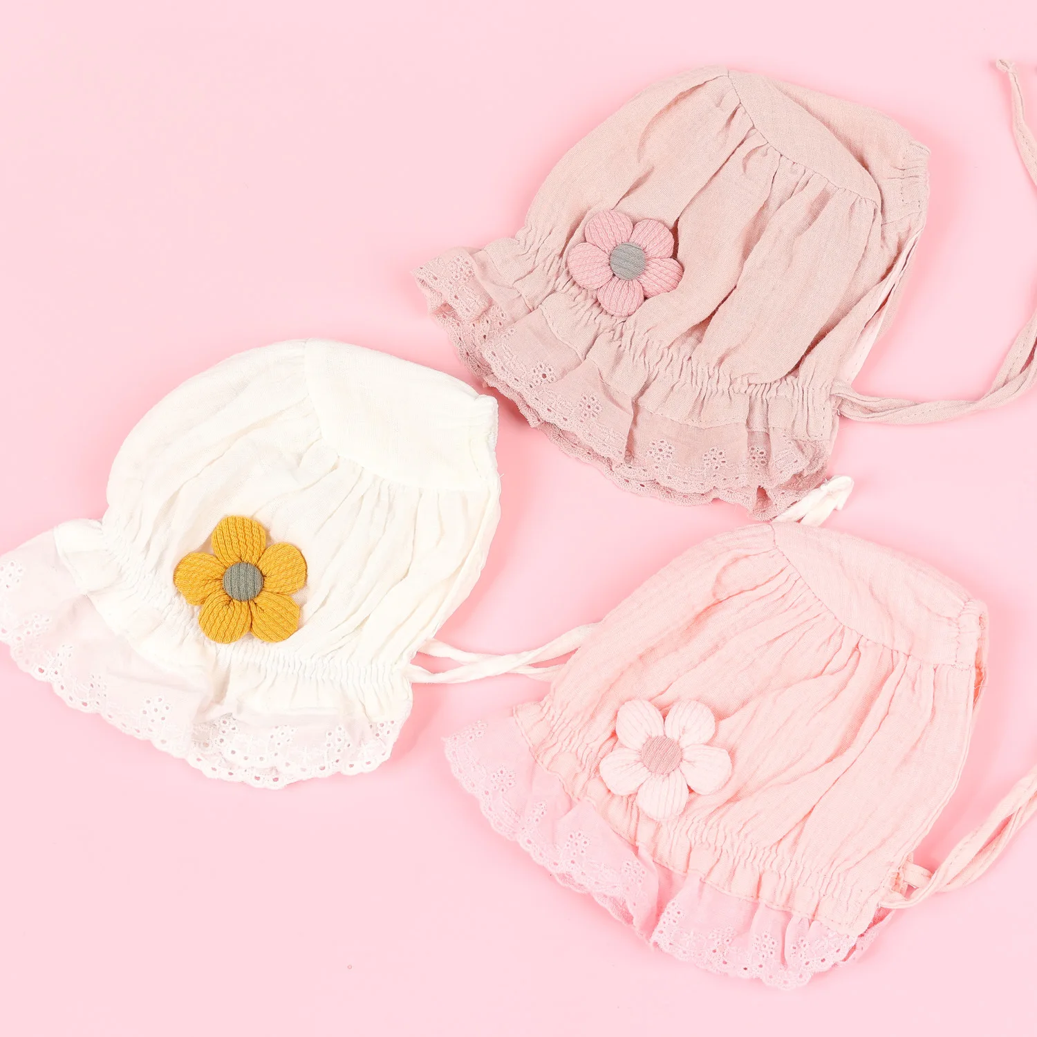 Gorro de algodón suave para bebé, gorros de Color sólido para niña recién nacida, sombrero de princesa con flores de encaje para bebé de 0 a 12 meses