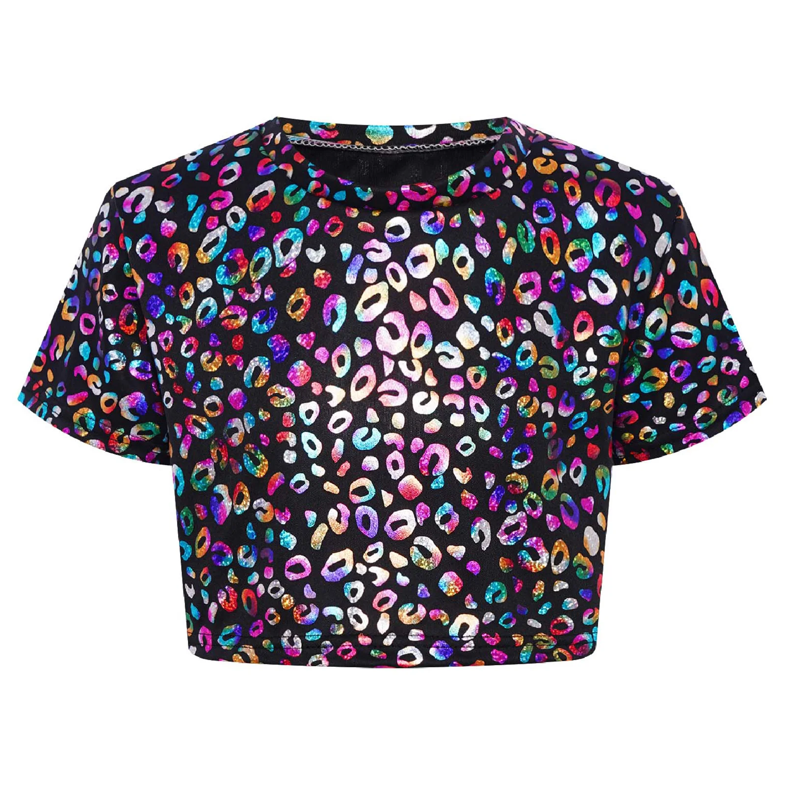 

Kids Girls Metallic Leopard T-shirt Hip Hop Jazz Modern Dance Crop Tops Short Sleeve Cheerleading Performance Costume Dancewear