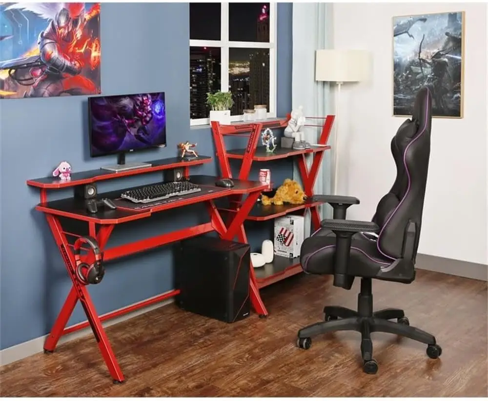 Large Gamer Desk Red X Shaped 48